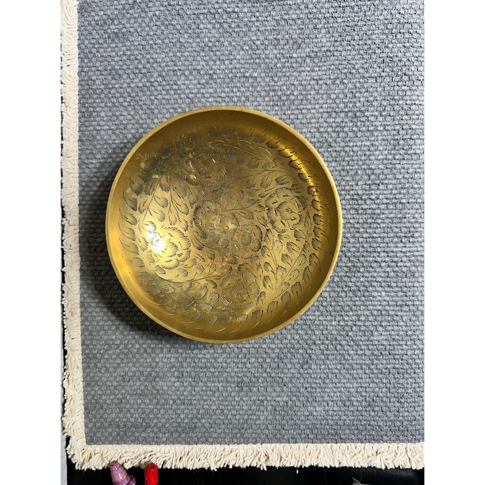 VTG Etched Brass Bowl Boho Traditional Floral Pattern Catchall Dish 6 Inch